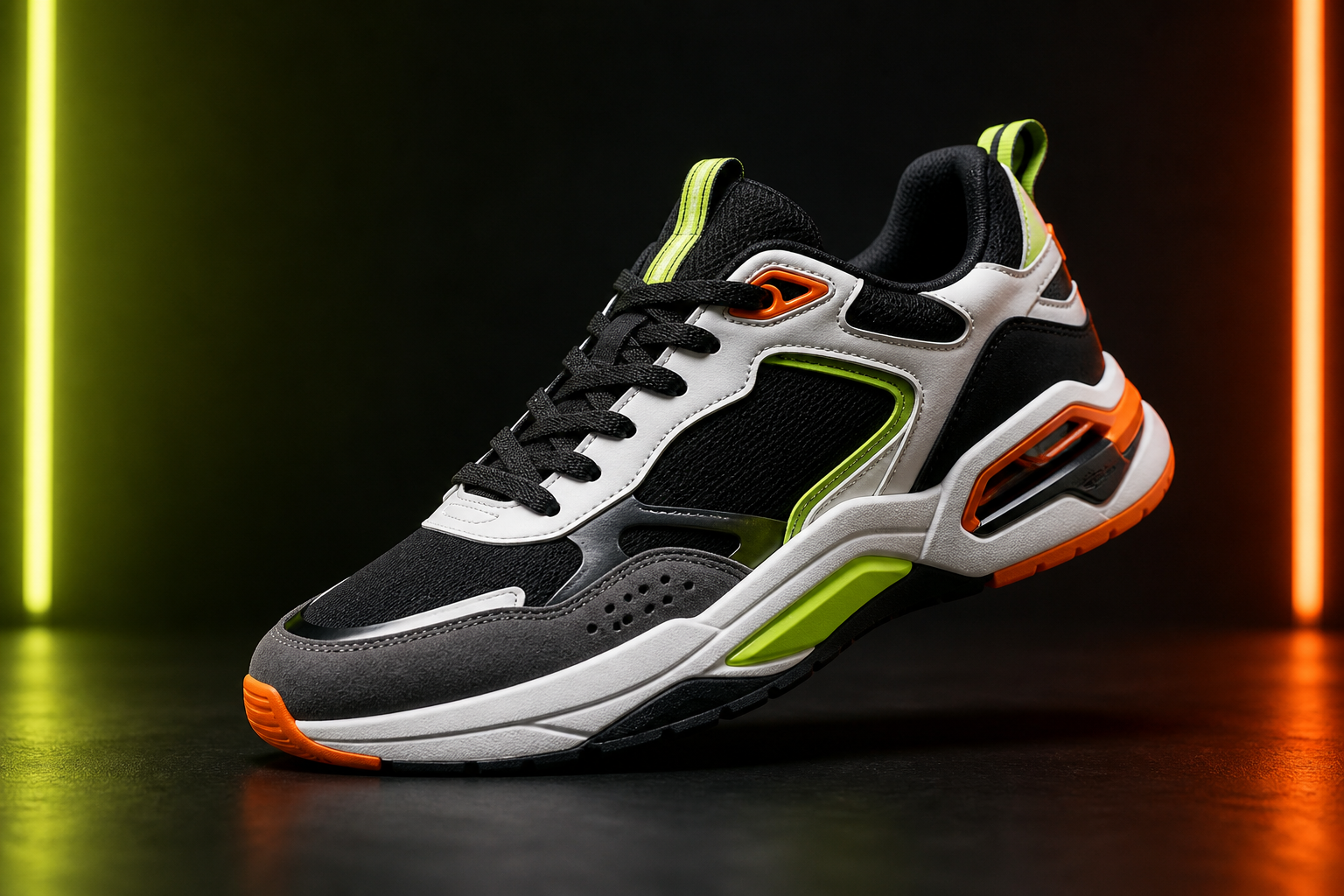 Original black, white, lime, and orange streetwear sneaker